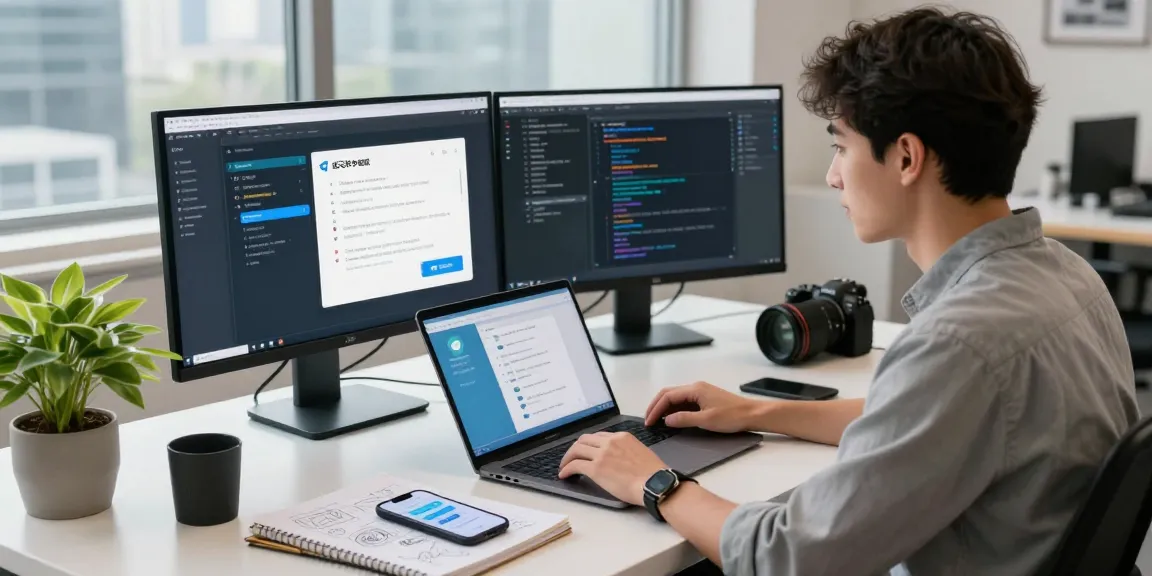 A focused young professional using the 纸飞机中文版 interface on multiple monitors in a sleek, vibrant workspace.