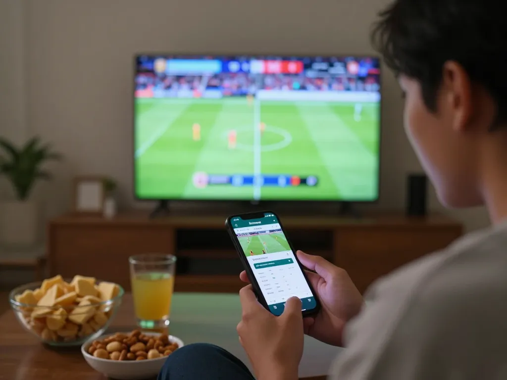 Engaging with the Keonhacai app while watching a live soccer match.