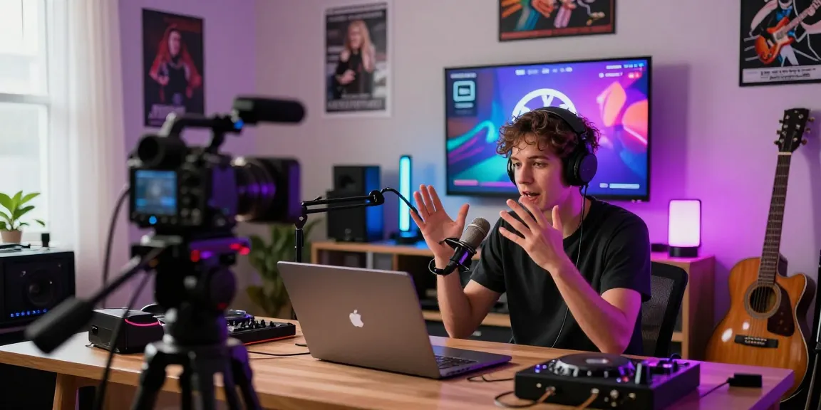 Market a Twitch brand for musicians by showcasing a vibrant live streaming scene with interactive engagement and professional setup.