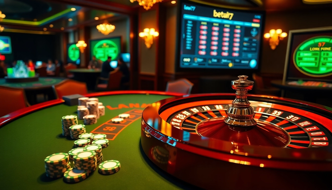 Experience thrilling gameplay with link new77 at this luxurious casino table featuring poker chips and a roulette wheel.