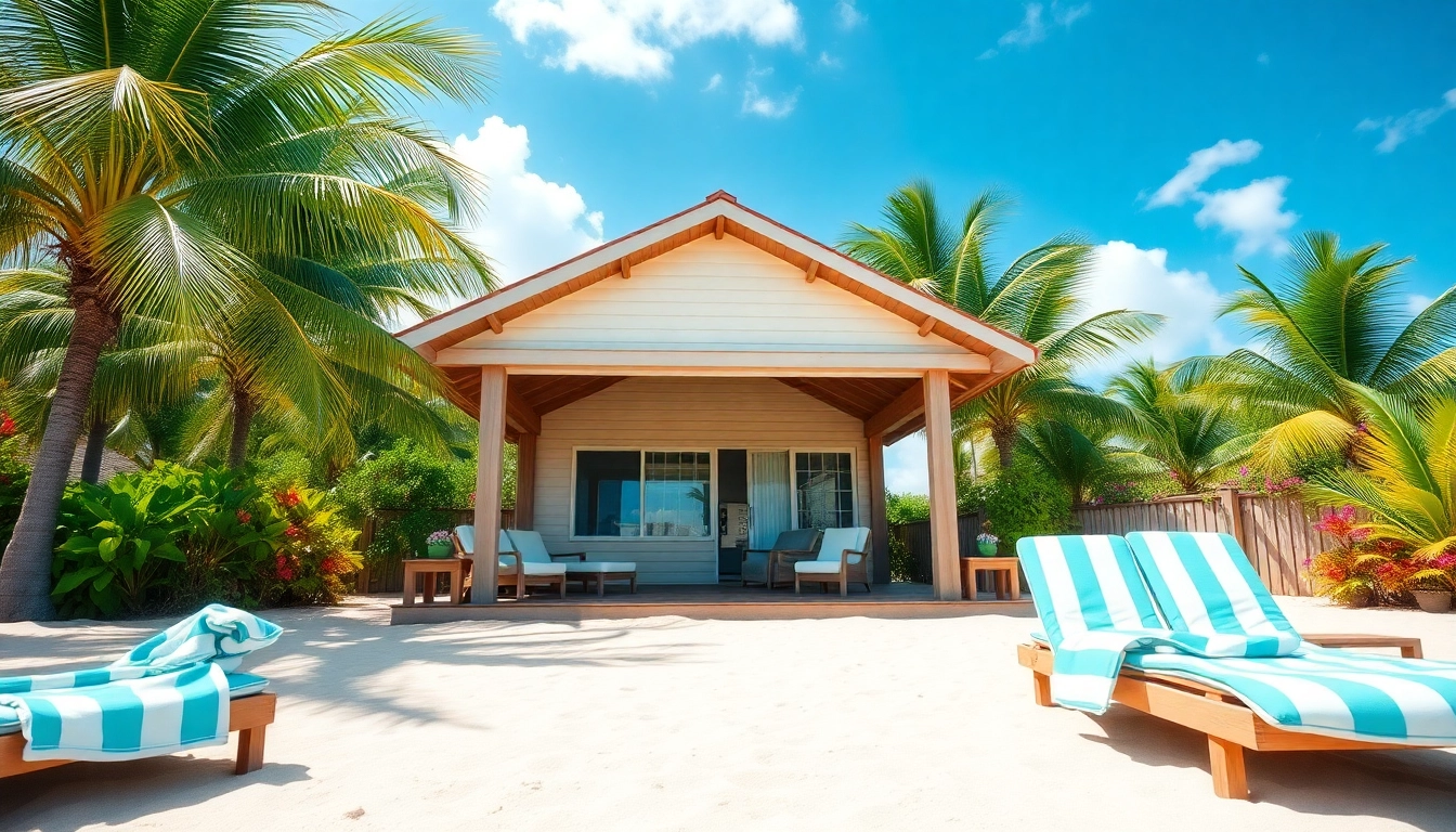 Relax in a cozy coastal cabana surrounded by palm trees and sandy beach.