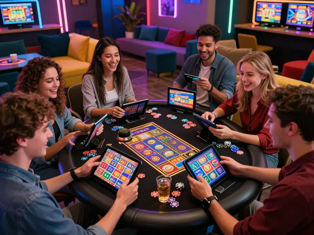 Exciting gaming scene with friends enjoying link gacor slot games in vibrant casino atmosphere