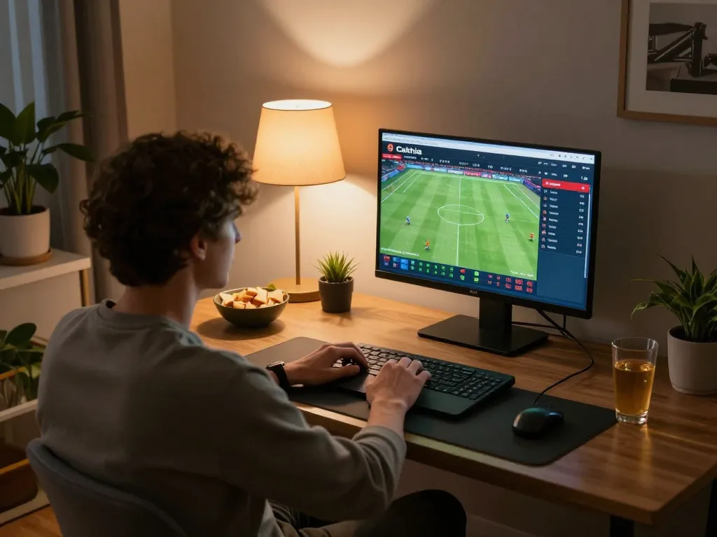 Cakhia tv live football streaming in an elegant home gaming setup with a laptop and warm lighting.