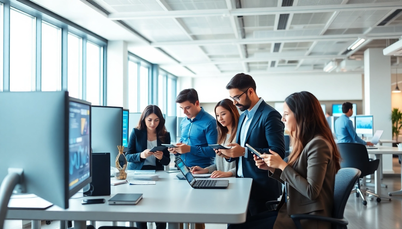 Showcasing enterprise search solutions in a collaborative workspace with high-tech digital devices.