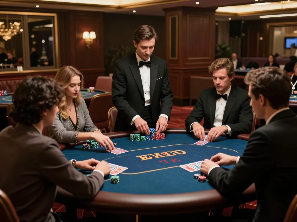 vipwin players engaged in a high-stakes poker game in an upscale casino setting