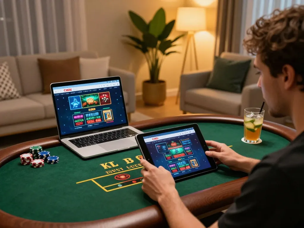 Engaged player enjoying CM88 com live dealer game on tablet in cozy home setup