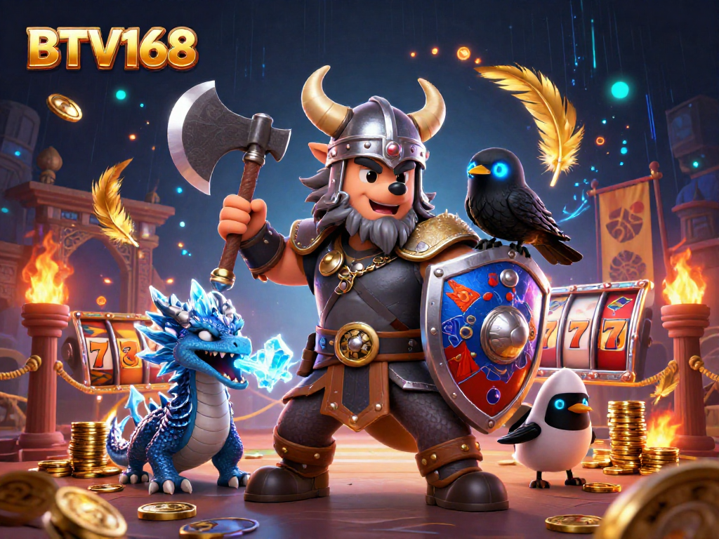 Experience thrilling slots with BTV168's energetic Viking warrior, fierce dragon, and raven amidst vivid casino action.