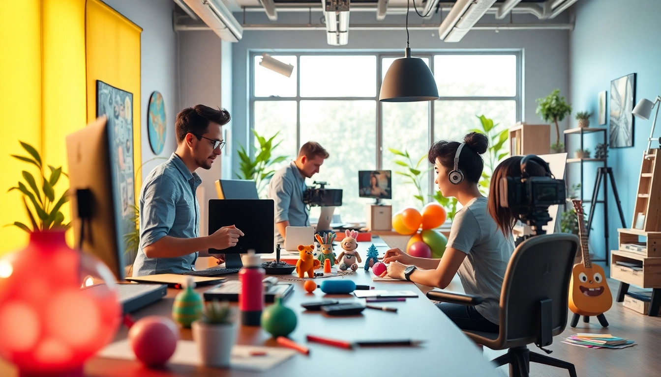 Animationstudio teamwork creating vibrant animations with diverse tools.