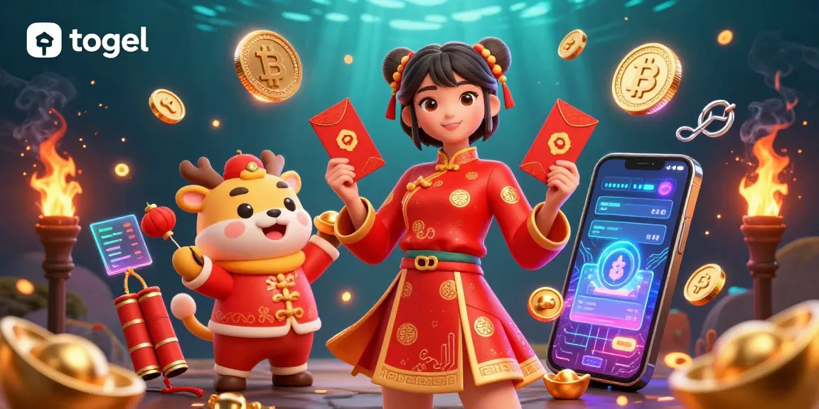 Engage with the vibrant togel world filled with gold and firecrackers in this stunning illustration.