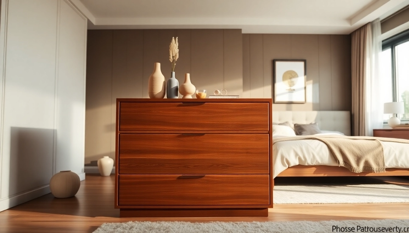 Stylish chest of drawers enhancing a modern bedroom interior with decorative accents.