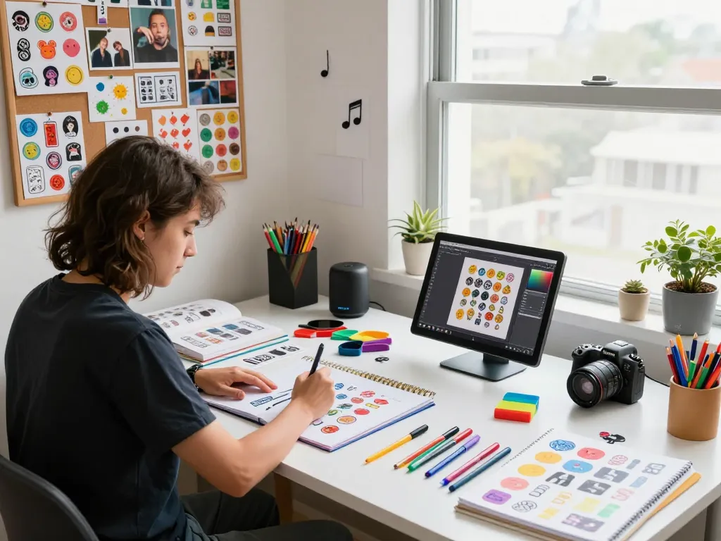Custom stickers design workspace with artist creating vibrant sticker samples and colorful art supplies.