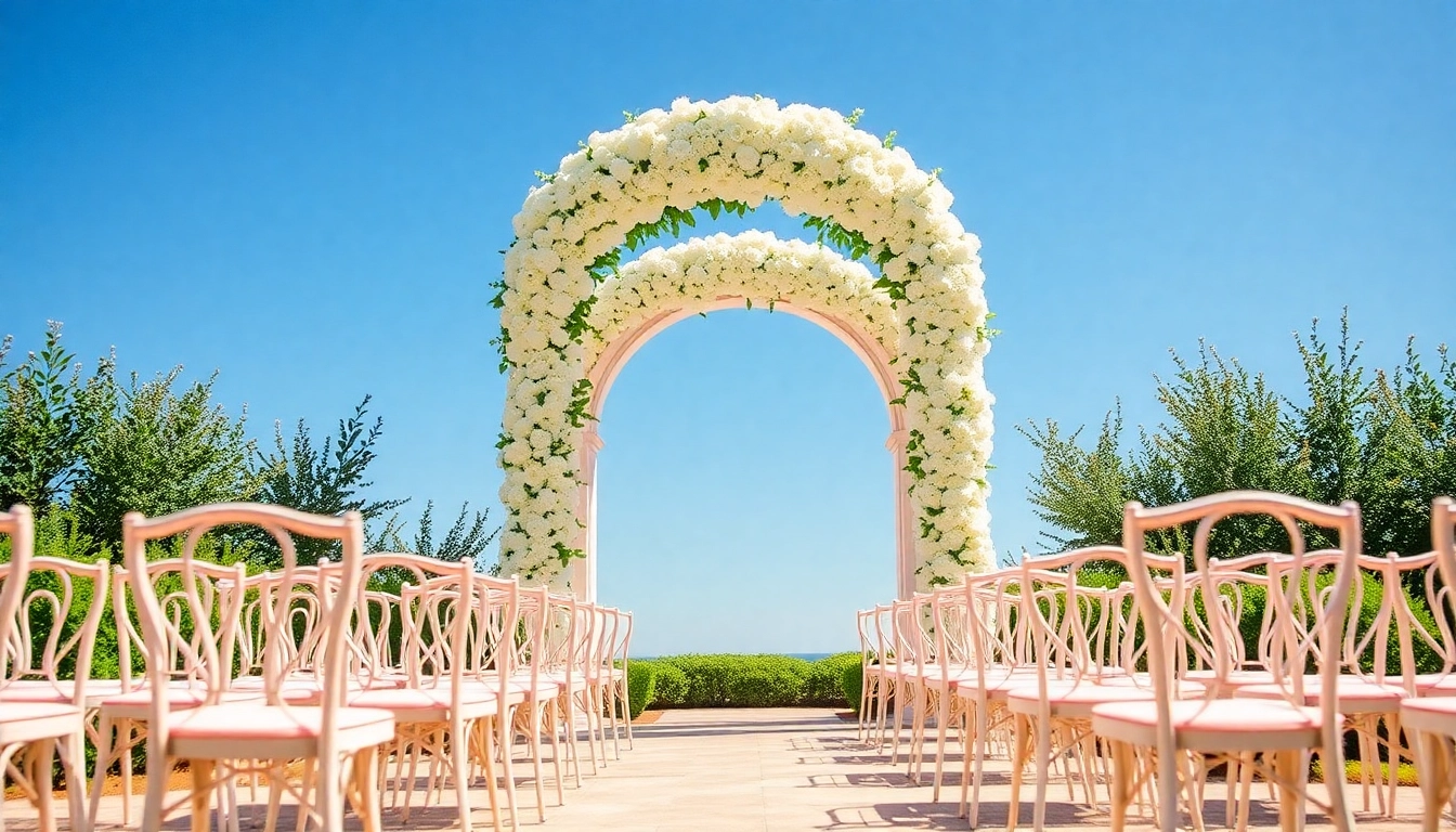 Stunning setup at Clarksburg Wedding Venues showcasing a floral arch and elegant seating.