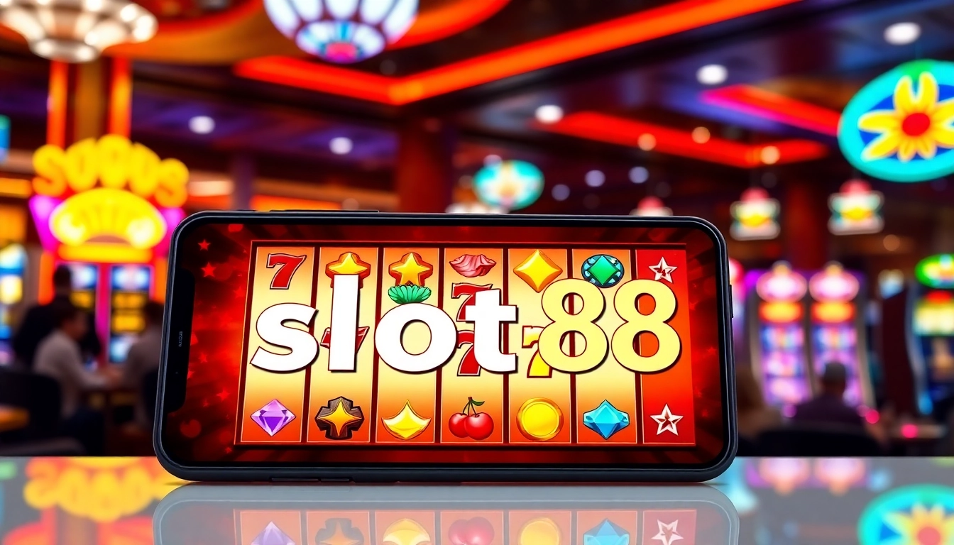 Bermain slot88 dengan mesin slot dan simbol berwarna-warni di kasino.