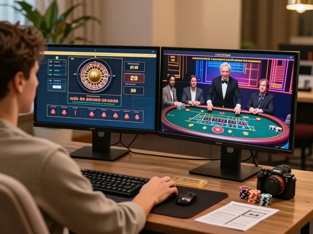 Engaging in strategic gameplay on jagoan86 with online live dealer casino games featured on dual monitors