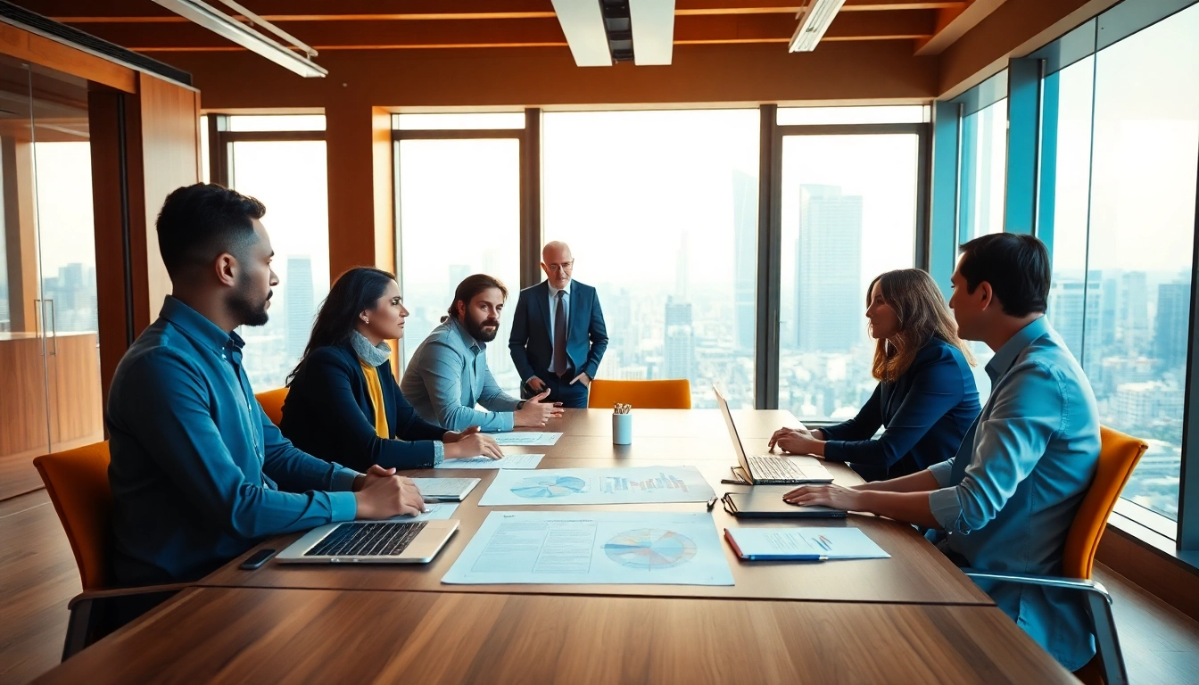 Engaging professionals discussing business growth insights at a conference table.