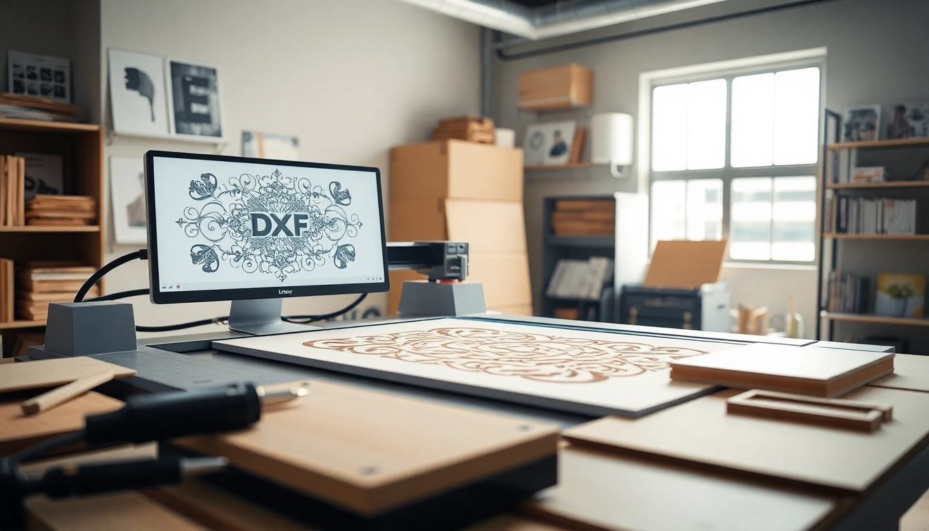 Laser cutting machine showcasing dxf file for laser cutting designs in a vibrant workspace.