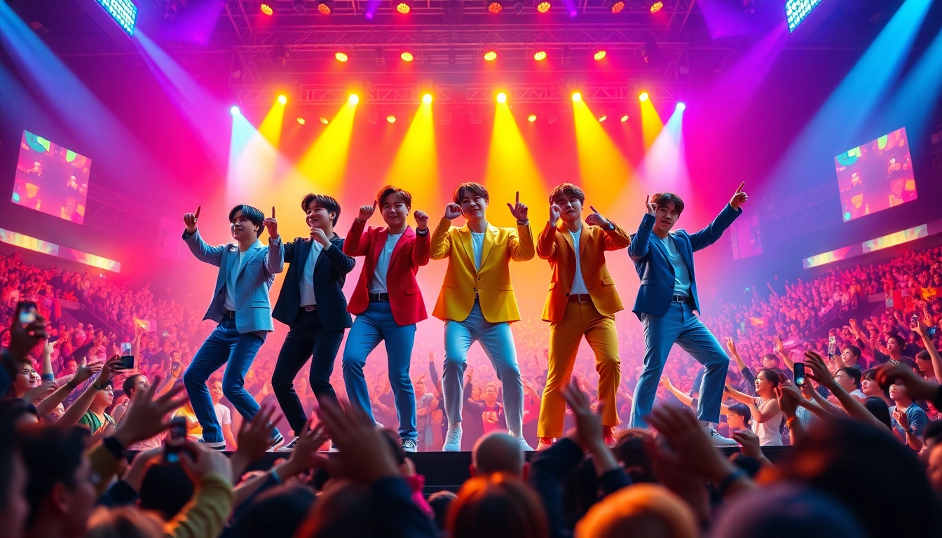 A dynamic performance of bts members captivating an audience with vibrant energy.