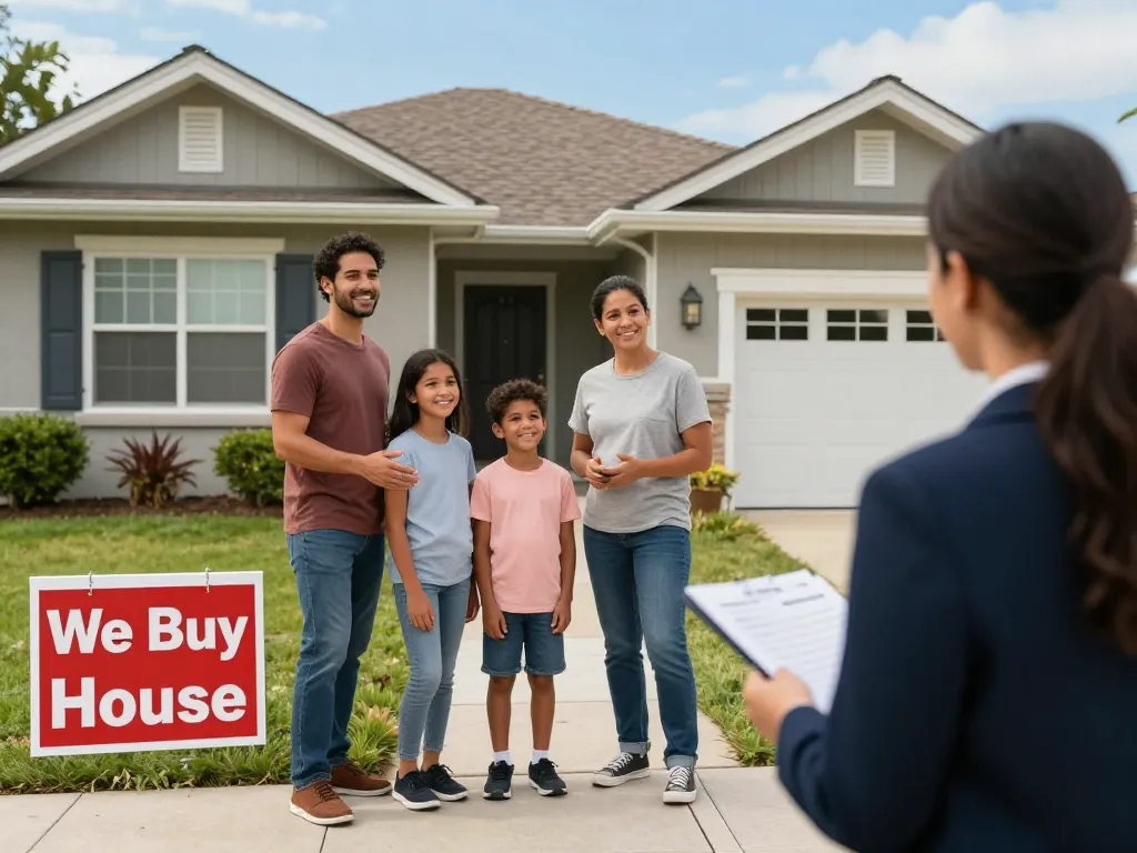We buy houses discussion with a family and agent in front of their home, showcasing a welcoming atmosphere.