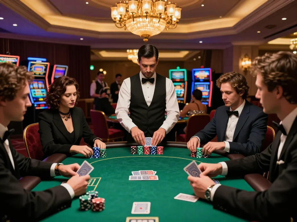 Iwin - sòng bài thượng lưu scene showing an elegant poker game with stylish players and a professional dealer.