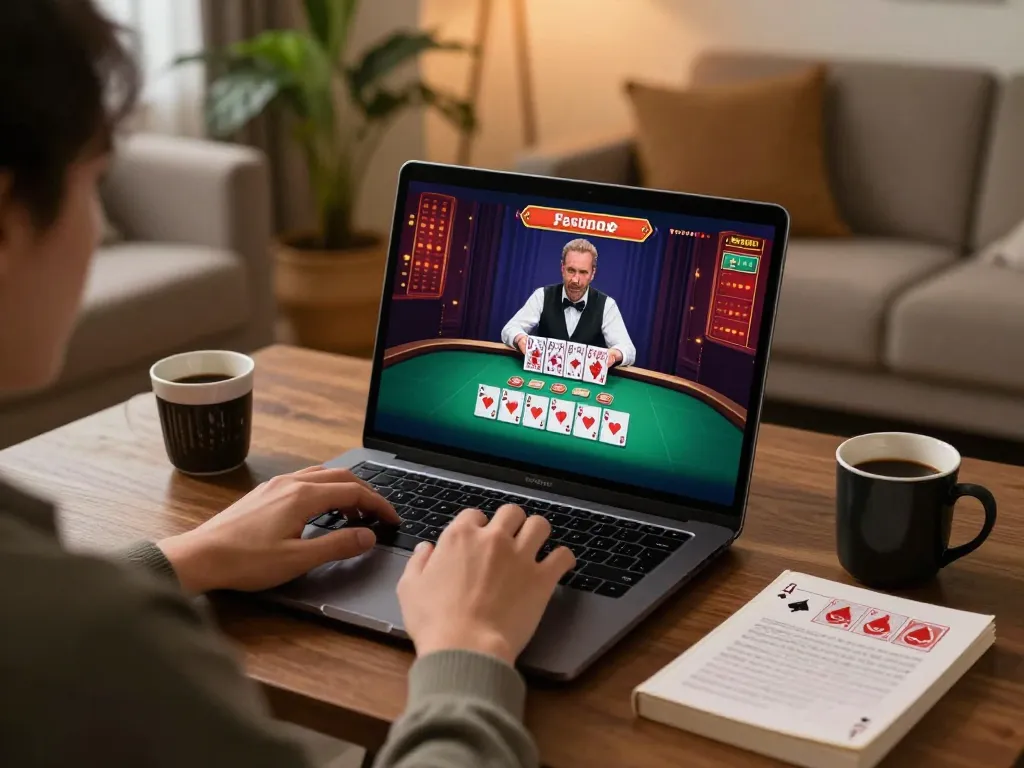 Engaging in sh bet online blackjack gameplay with laptop and strategy notes in cozy home.