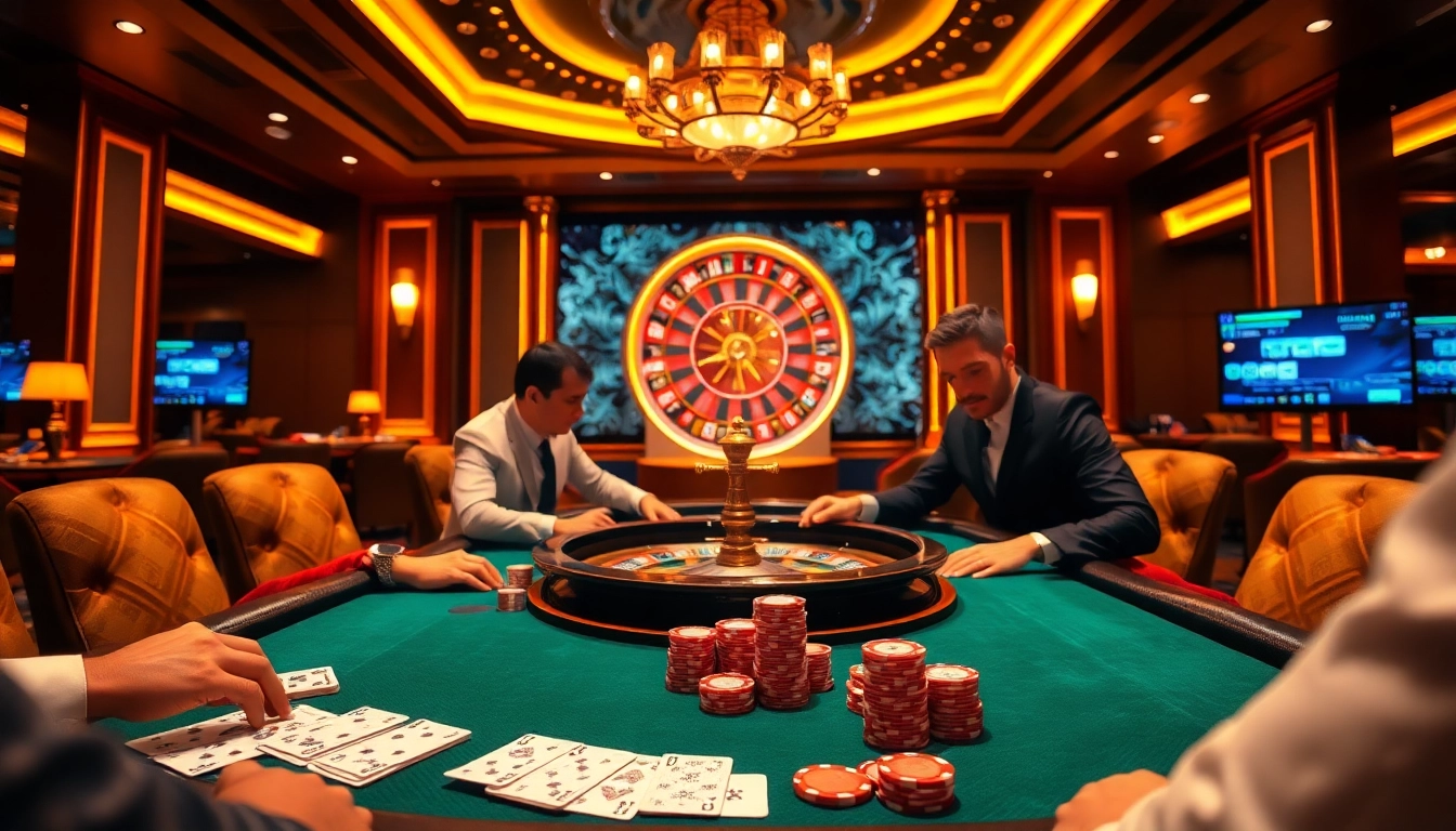 Engaging poker players at a luxurious casino table showcasing nhà cái qq88 betting elements.