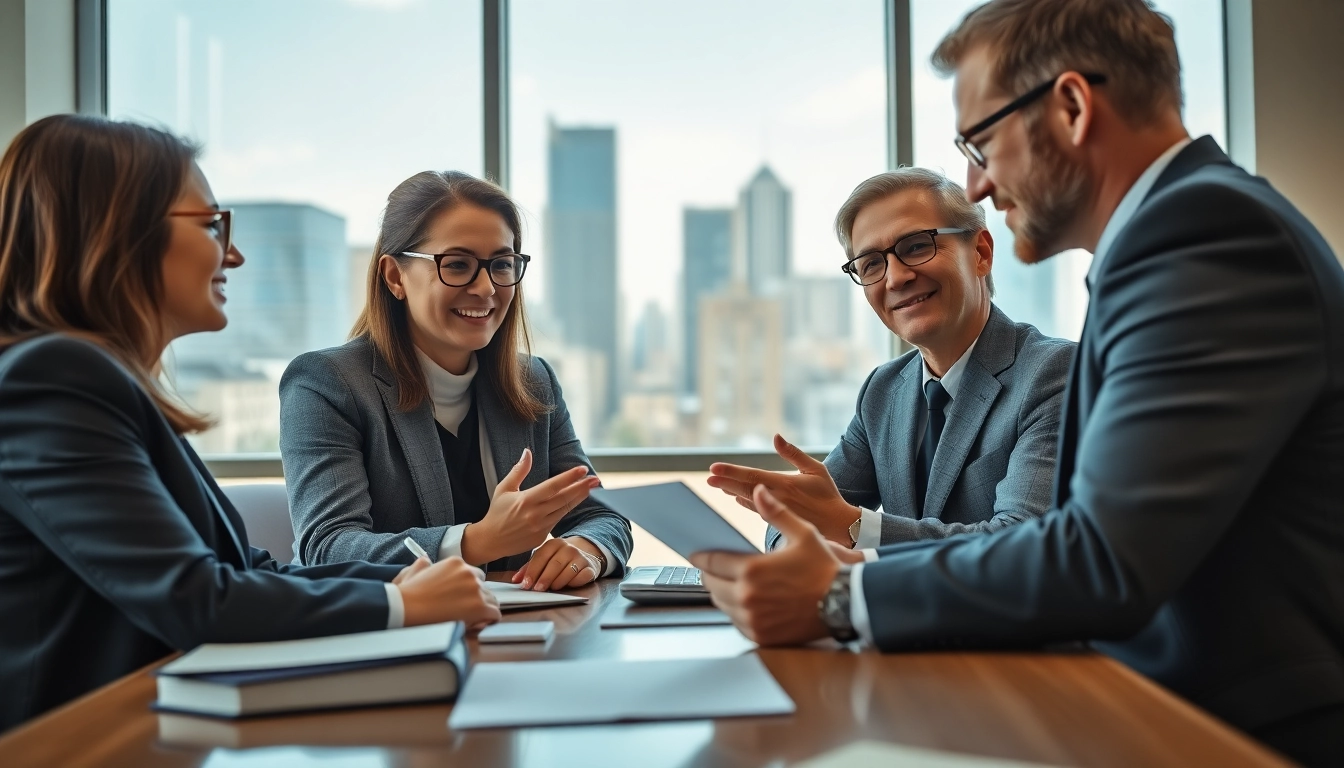 USA lawyers engaged in a strategic legal discussion in a modern office setting.