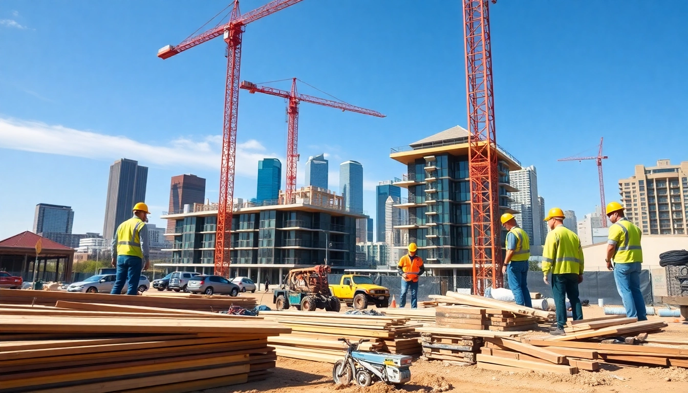 Showcasing Austin construction worksite with workers, cranes, and city skyline.
