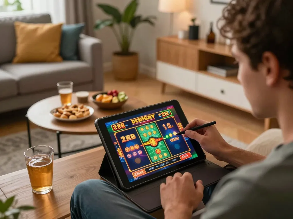 Player enjoying an immersive slot deposit 2rb game on tablet in a cozy living room setting.