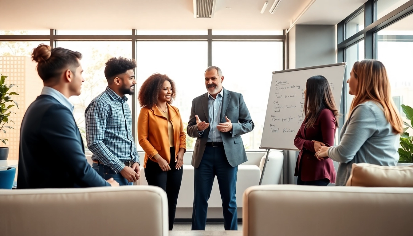 Leadership coach facilitating a dynamic group session in a modern office.