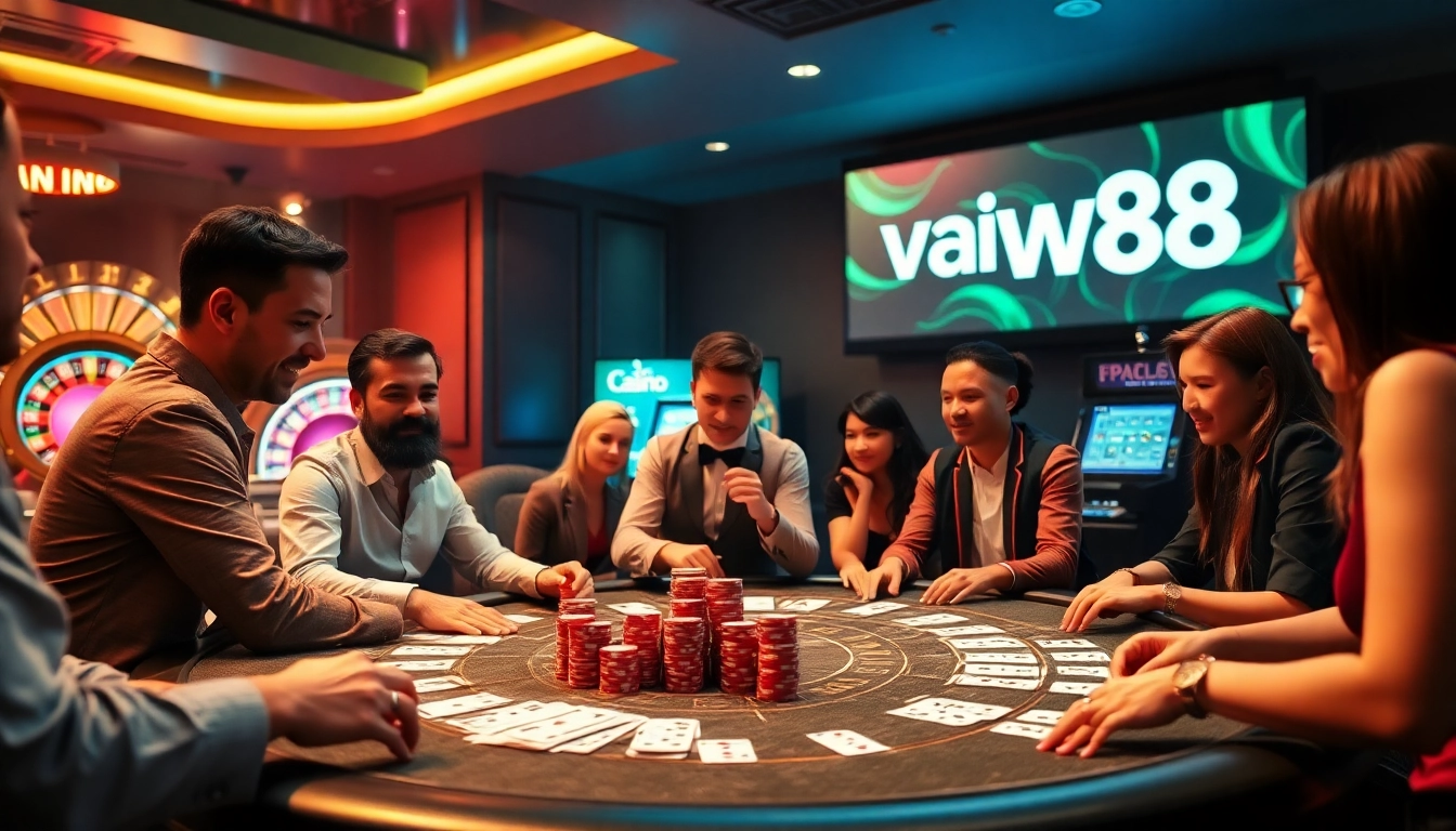 Thrilling casino gaming scene featuring players enjoying link vao w88 with poker chips and a roulette wheel.