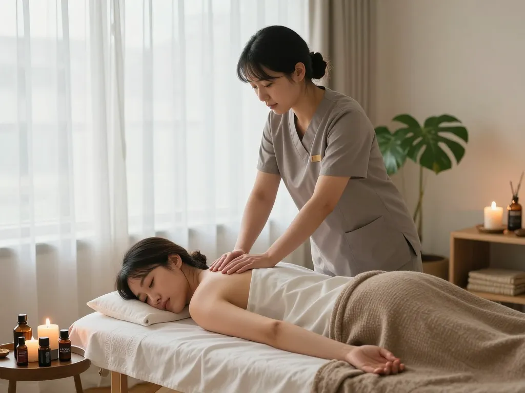 서울출장마사지 being performed in a serene, inviting home setting with calming elements.