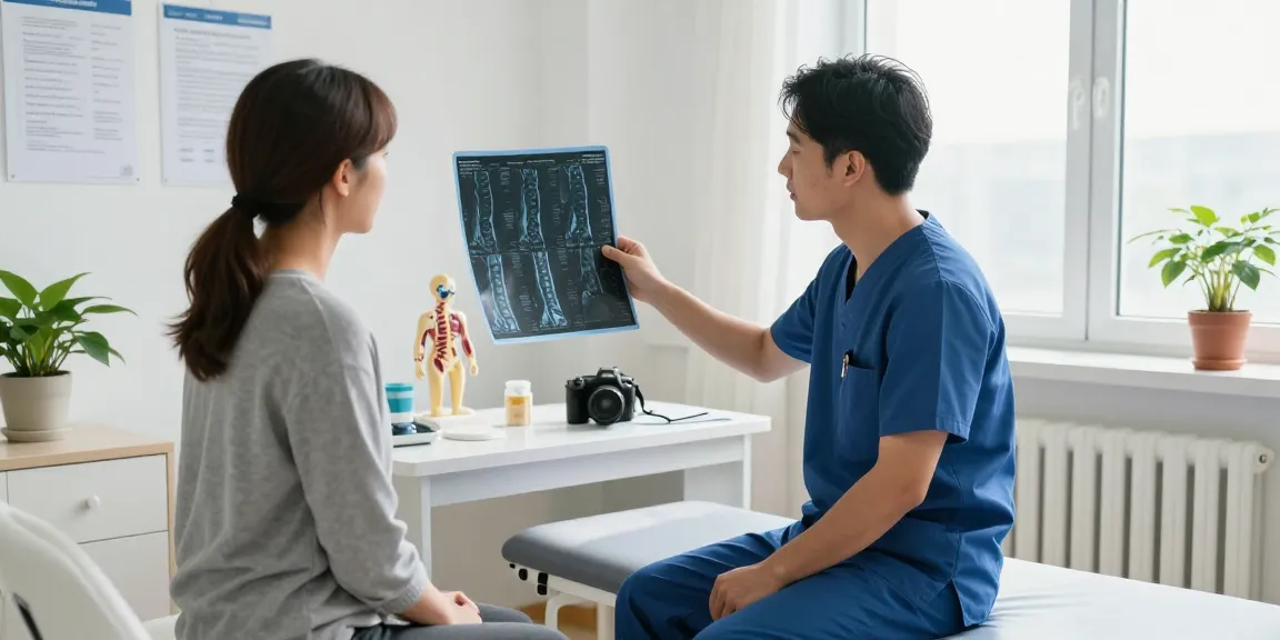 Patient discussing Boyun fıtığı ameliyatı with surgeon, examining MRI scan in modern clinic.