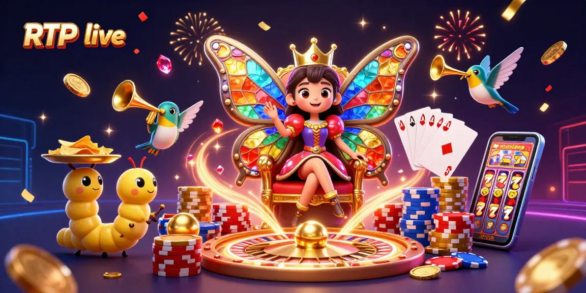 Experience RTP live action with a butterfly queen and vibrant gaming elements in a lively casino illustration.