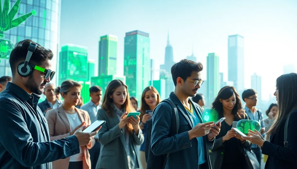 Engaging scene illustrating the impact of technology, showcasing https://mohamedmmblog.tech and smart devices in a modern urban setting.