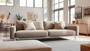 Cozy sofa bed in a stylish living room, offering comfort and modern aesthetics.