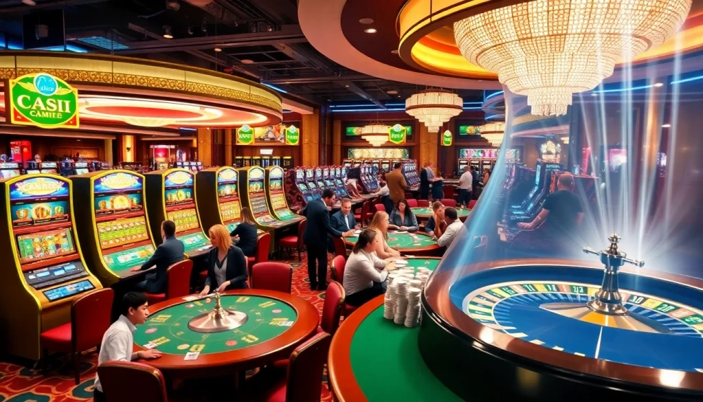Experience the vibrant gambling world of KJC AC 1 with players enjoying casino tables and slot machines.