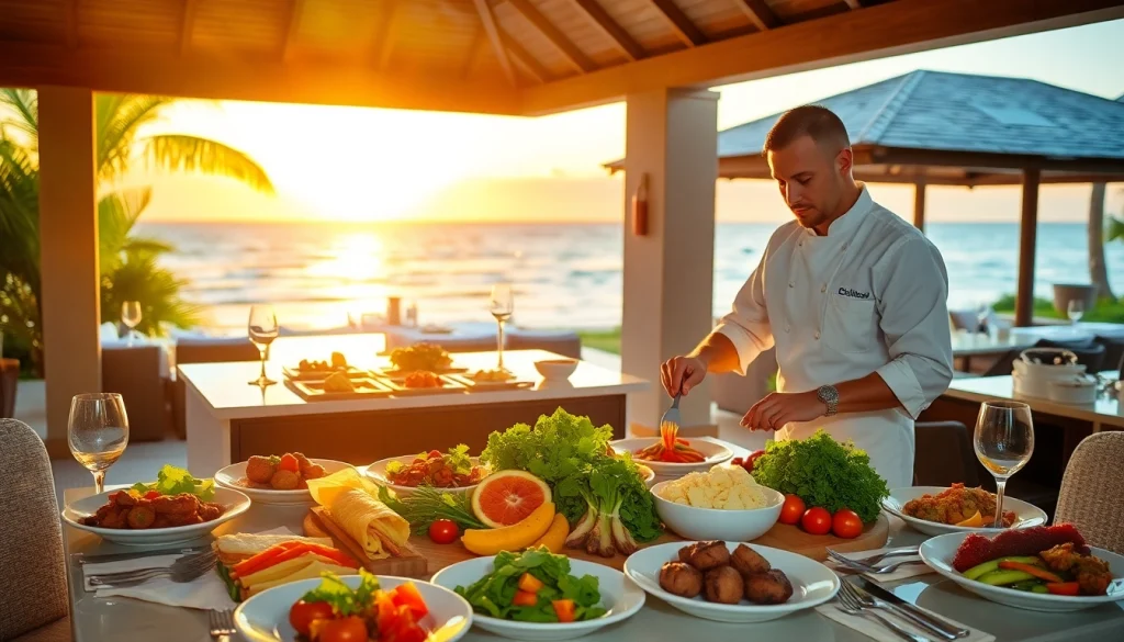 Admire a talented private chef Sint Maarten elegantly preparing gourmet dishes in a luxurious beachfront setting.