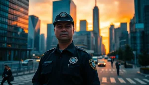 Security Company professional guard ensuring safety in a vibrant urban setting.