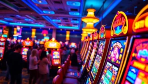 Putar slot berwarna-warni di kasino yang ramai dengan suasana penuh kegembiraan.