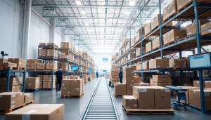 Efficient 3PL logistics operations in a bright warehouse setting with organized inventory.