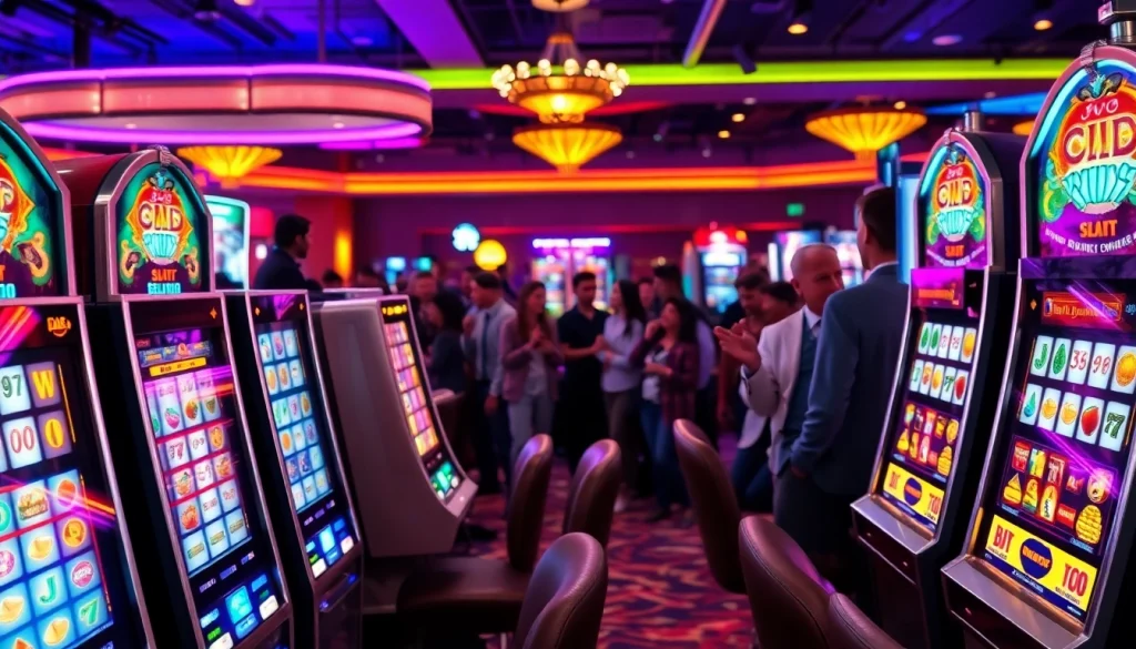 Putar mesin slot yang ramai di kasino dengan berbagai pemain menikmati permainan.