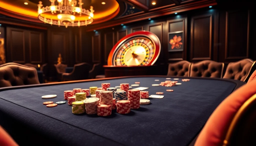 Casino table featuring vibrant poker chips and cards, showcasing excitement at https://xx88.pizza/.