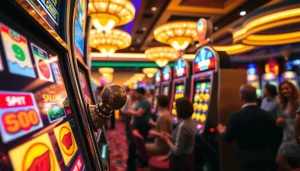 Putar slot mesin dengan pemain bersemangat di kasino dengan suasana meriah