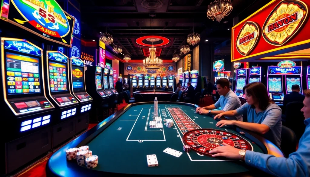 A bustling casino scene featuring poker tables, slot machines, and the thrilling energy of KJC AC 3.