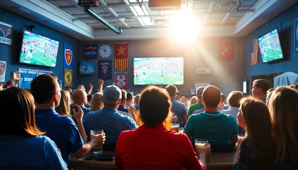 스포츠중계를 즐기는 다양한 팬들이 모인 현대적 스포츠 바의 장면