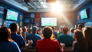 스포츠중계를 즐기는 다양한 팬들이 모인 현대적 스포츠 바의 장면