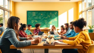 Engaging Education session with diverse students actively collaborating in a bright classroom.