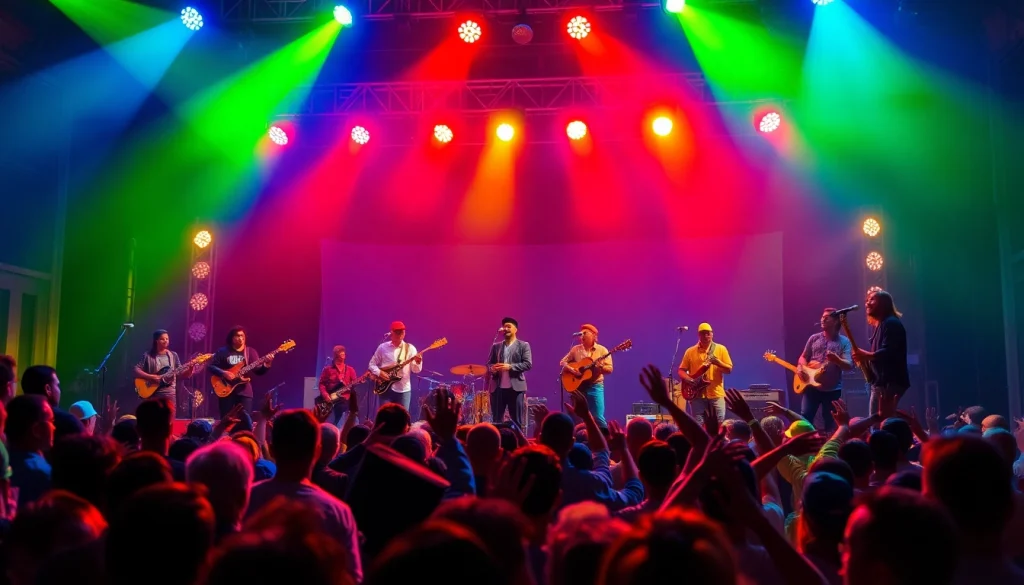 Enjoying kora live music performance with colorful stage lights and an energetic audience.