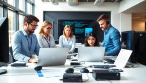 Providing expert computer help to clients in a modern office setting with technicians collaborating.