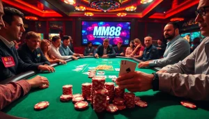 In a high-stakes poker game, mm88 sa com features thrilling bets and poker chips.